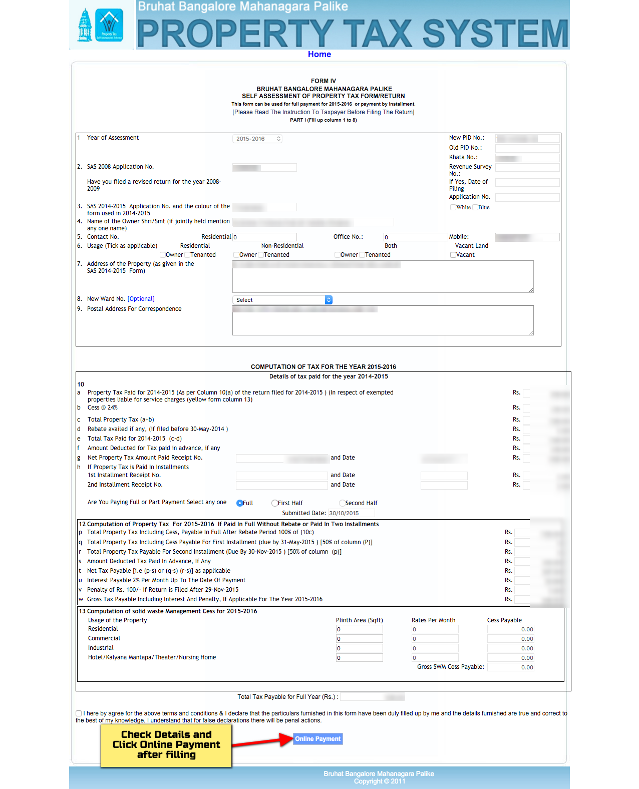 Form IV Property Tax Payment