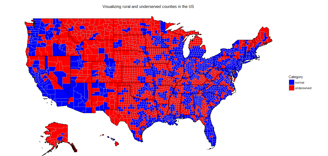 Visualization of rural and underserved counties in the US