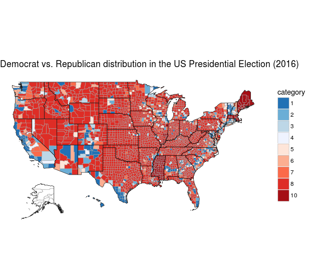 County Choropleth of 2016 US Election Results using R